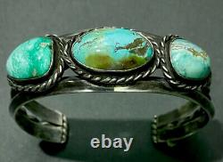 Thick Vintage Navajo Sterling Silver Turquoise Stacker Cuff Bracelet SOLID