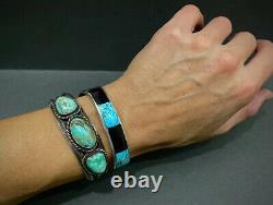 Thick Vintage Navajo Sterling Silver Turquoise Stacker Cuff Bracelet SOLID