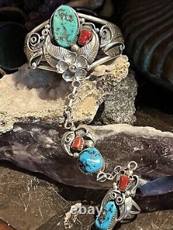 To Die For' Vintage Apachito (navajo) Turquoise Coral & Sterling Slave Bracelet