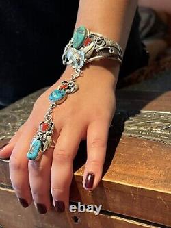 To Die For' Vintage Apachito (navajo) Turquoise Coral & Sterling Slave Bracelet