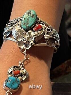 To Die For' Vintage Apachito (navajo) Turquoise Coral & Sterling Slave Bracelet