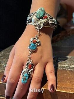 To Die For' Vintage Apachito (navajo) Turquoise Coral & Sterling Slave Bracelet