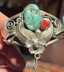 To Die For' Vintage Apachito (navajo) Turquoise Coral & Sterling Slave Bracelet