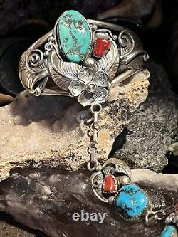 To Die For' Vintage Apachito (navajo) Turquoise Coral & Sterling Slave Bracelet