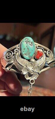 To Die For' Vintage Apachito (navajo) Turquoise Coral & Sterling Slave Bracelet