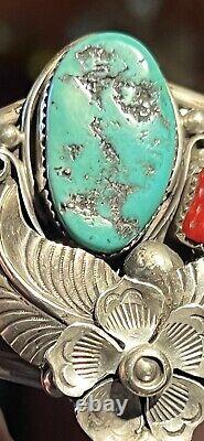 To Die For' Vintage Apachito (navajo) Turquoise Coral & Sterling Slave Bracelet