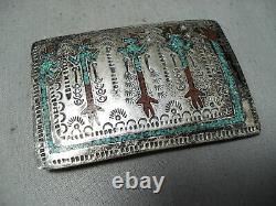 Tremendous Vintage Navajo Turquoise Coral Singer Inlay Sterling Silver Buckle