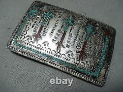Tremendous Vintage Navajo Turquoise Coral Singer Inlay Sterling Silver Buckle