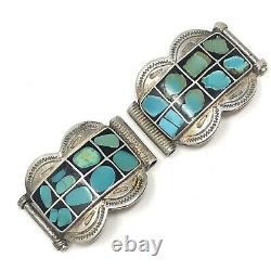 Turquoise Inlay Navajo Watch Tips Signed Sterling VTG 1965s 19g