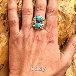 Two Stone Navajo Mens Turquoise Ring Sz 11 Vtg Sterling Signed TS 18g