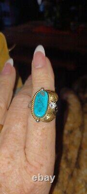 UNIQUE VINTAGE NAVAJO TURQUOISE Gold / Diamind RING SIZE 7 Stamped Sterling