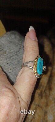 UNIQUE VINTAGE NAVAJO TURQUOISE Gold / Diamind RING SIZE 7 Stamped Sterling
