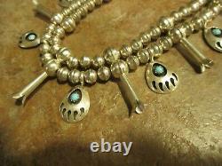 UNUSUAL Vintage Navajo Sterling Turquoise Bear Paw SQUASH BLOSSOM Necklace