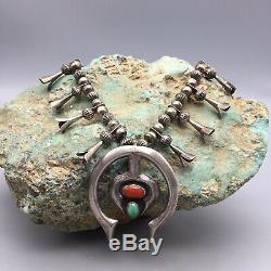 Unique! Vintage Turquoise, Coral & Sterling Silver Squash Blossom Necklace