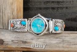 Unisex Vintage Native American Navajo Men's Women's Coral Turquoise Watch