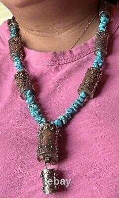 V FINE VINTAGE NAVAJO 32 197.4gm DRUM/ BARREL BEAD & TURQUOISE NUGGET NECKLACE