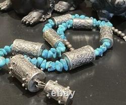 V FINE VINTAGE NAVAJO 32 197.4gm DRUM/ BARREL BEAD & TURQUOISE NUGGET NECKLACE