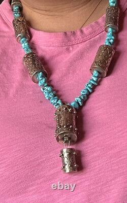 V FINE VINTAGE NAVAJO 32 197.4gm DRUM/ BARREL BEAD & TURQUOISE NUGGET NECKLACE