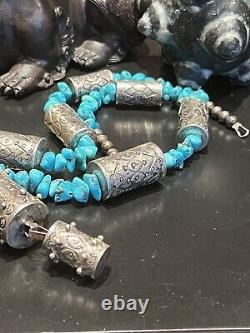 V FINE VINTAGE NAVAJO 32 197.4gm DRUM/ BARREL BEAD & TURQUOISE NUGGET NECKLACE