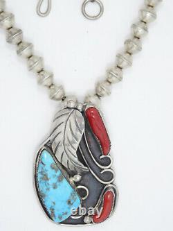 VINTAGE 50's NAVAJO TURQUOISE & CORAL PENDANT STERLING BEAD NECKLACE 22