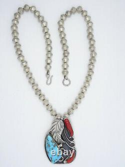 VINTAGE 50's NAVAJO TURQUOISE & CORAL PENDANT STERLING BEAD NECKLACE 22