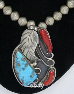 VINTAGE 50's NAVAJO TURQUOISE & CORAL PENDANT STERLING BEAD NECKLACE 22