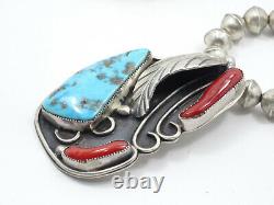 VINTAGE 50's NAVAJO TURQUOISE & CORAL PENDANT STERLING BEAD NECKLACE 22