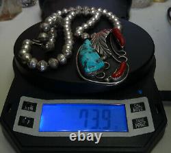 VINTAGE 50's NAVAJO TURQUOISE & CORAL PENDANT STERLING BEAD NECKLACE 22