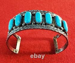 VINTAGE 7-STONE NAVAJO TURQUOISE and STERLING SILVER CUFF BRACELET VERY NICE
