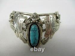 VINTAGE NATIVE AMERICAN NAVAJO STERLING CUFF BRACELET w TURQUOISE MOTH BUTTERFLY