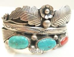 VINTAGE NAVAJO INDIAN SILVER TURQUOISE CORAL CUFF BRACELET signed PHIL CHAPO