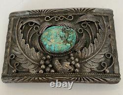 VINTAGE NAVAJO JUSTIN MORRIS TURQUOISE SILVER BELT BUCKLE STERLING Stone Damage