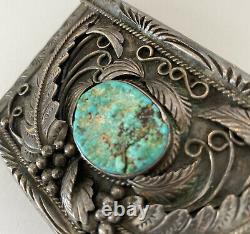 VINTAGE NAVAJO JUSTIN MORRIS TURQUOISE SILVER BELT BUCKLE STERLING Stone Damage