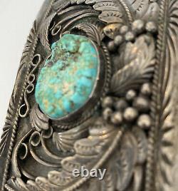 VINTAGE NAVAJO JUSTIN MORRIS TURQUOISE SILVER BELT BUCKLE STERLING Stone Damage