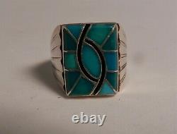 VINTAGE NAVAJO NORMAN LEE HUMMINGBIRD FRIENDSHIP TURQUOISE FLUSH INLAY RING 11sz