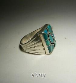 VINTAGE NAVAJO NORMAN LEE HUMMINGBIRD FRIENDSHIP TURQUOISE FLUSH INLAY RING 11sz