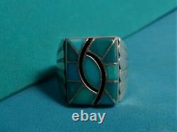 VINTAGE NAVAJO NORMAN LEE HUMMINGBIRD FRIENDSHIP TURQUOISE FLUSH INLAY RING 11sz