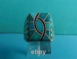 VINTAGE NAVAJO NORMAN LEE HUMMINGBIRD FRIENDSHIP TURQUOISE FLUSH INLAY RING 11sz