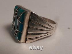 VINTAGE NAVAJO NORMAN LEE HUMMINGBIRD FRIENDSHIP TURQUOISE FLUSH INLAY RING 11sz