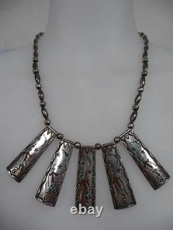 VINTAGE NAVAJO SILVER BEAD NECKLACE with5 CHIP CORAL & TURQUOISE PENDANTS, SIGNED