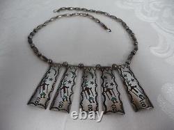 VINTAGE NAVAJO SILVER BEAD NECKLACE with5 CHIP CORAL & TURQUOISE PENDANTS, SIGNED