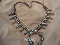 VINTAGE NAVAJO STERLING SILVER desert flower TURQUOISE SQUASH BLOSSOM NECKLACE