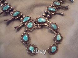 VINTAGE NAVAJO STERLING SILVER desert flower TURQUOISE SQUASH BLOSSOM NECKLACE