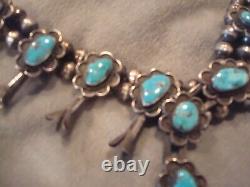 VINTAGE NAVAJO STERLING SILVER desert flower TURQUOISE SQUASH BLOSSOM NECKLACE