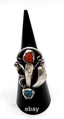 VINTAGE NAVAJO TURQUOISE & CORAL STERLING SILVER RING SIGNED by BOBBY THOMPSON