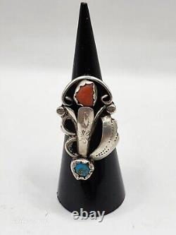 VINTAGE NAVAJO TURQUOISE & CORAL STERLING SILVER RING SIGNED by BOBBY THOMPSON