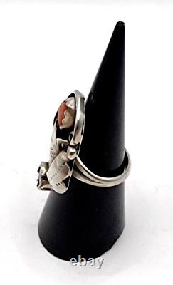 VINTAGE NAVAJO TURQUOISE & CORAL STERLING SILVER RING SIGNED by BOBBY THOMPSON