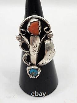 VINTAGE NAVAJO TURQUOISE & CORAL STERLING SILVER RING SIGNED by BOBBY THOMPSON