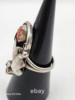 VINTAGE NAVAJO TURQUOISE & CORAL STERLING SILVER RING SIGNED by BOBBY THOMPSON