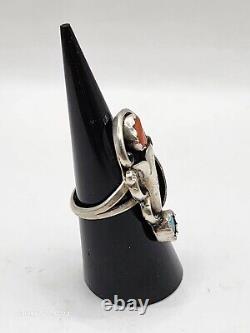 VINTAGE NAVAJO TURQUOISE & CORAL STERLING SILVER RING SIGNED by BOBBY THOMPSON